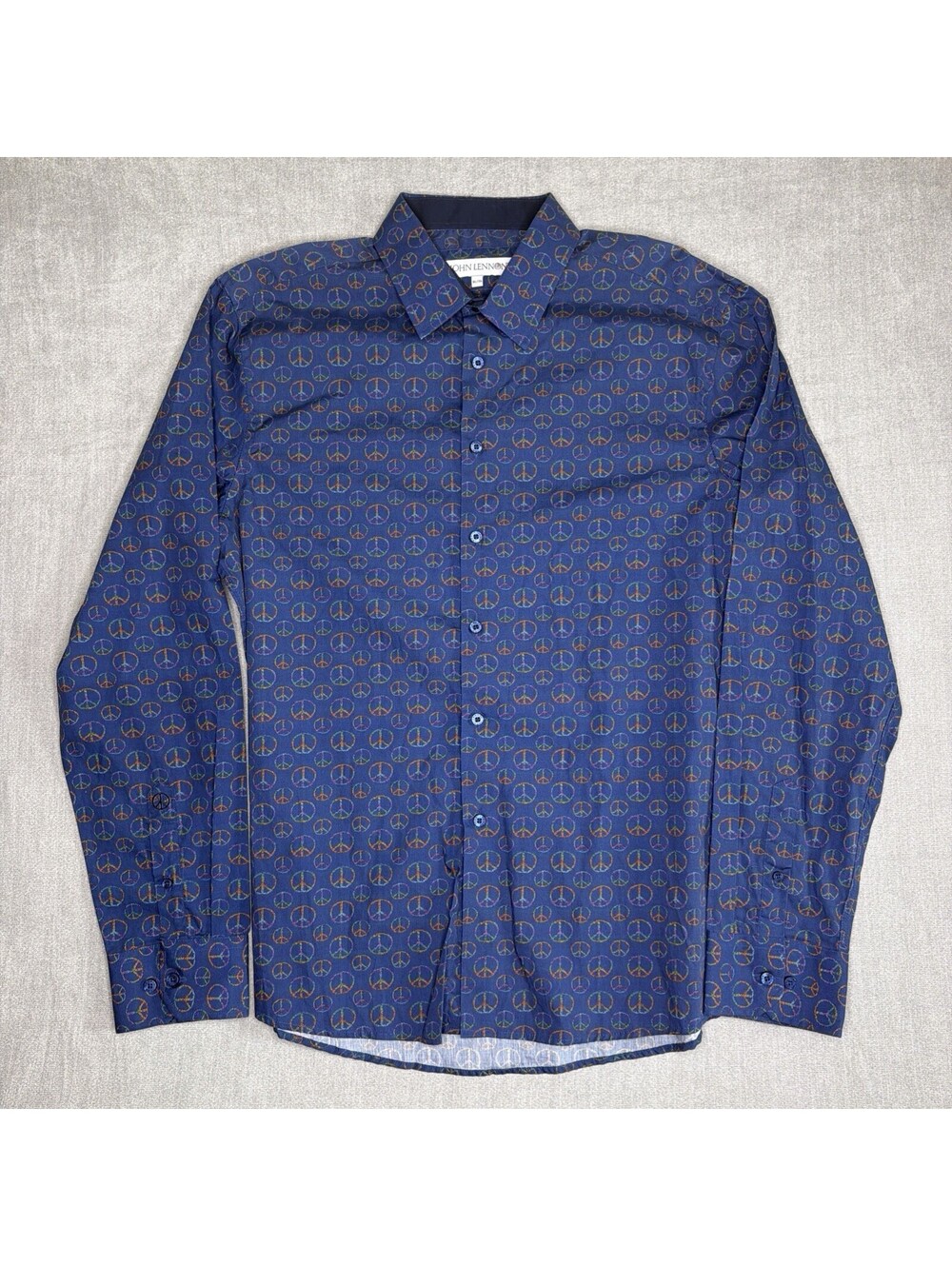 Vintage John Lennon XL Blue Rainbow Peace Button Up Dress Shirt Hippy Disco